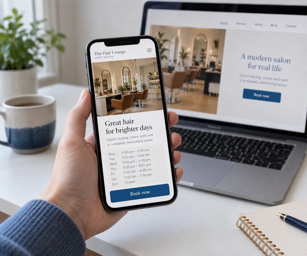 Móvil con la web de una peluquería, su horario y un botón de reserva bien visible