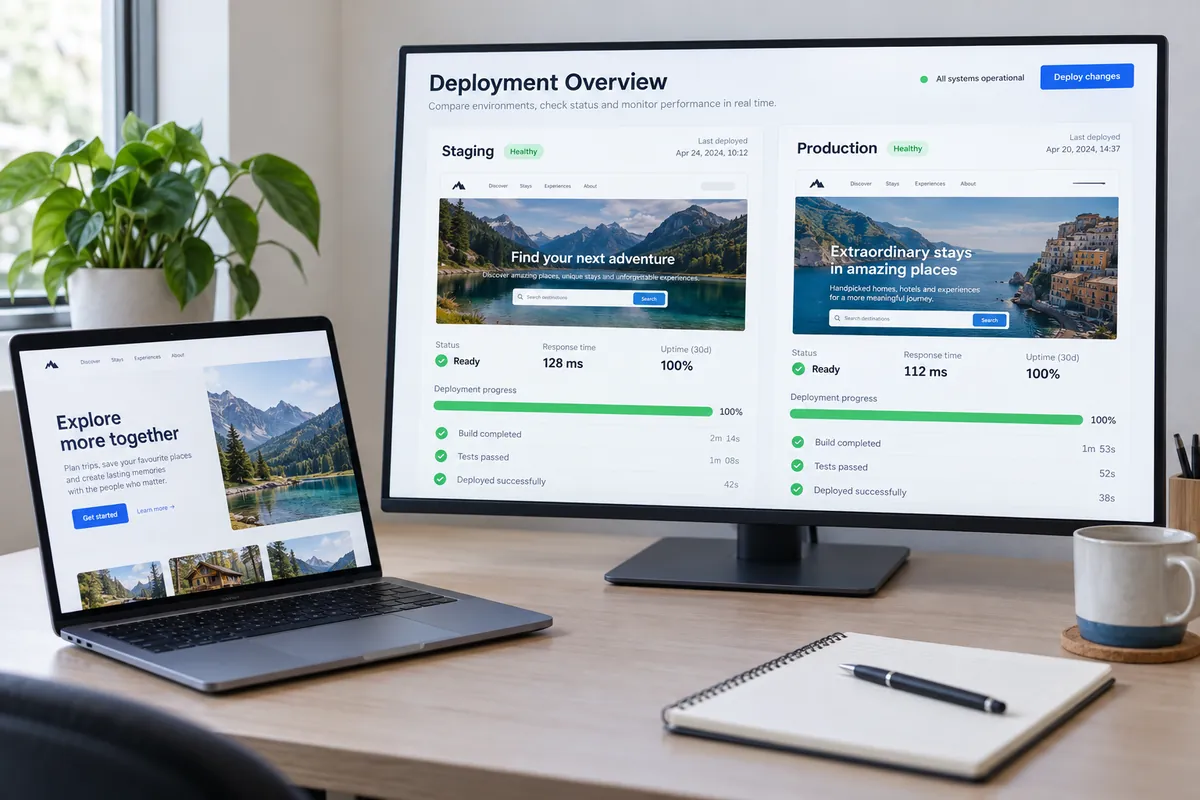 Monitor que compara los entornos de pruebas y producción, ambos listos y con las comprobaciones en verde