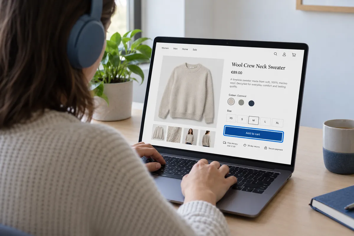 Persona de espaldas usando una tienda online con el teclado, un contorno azul marca el botón de añadir al carrito