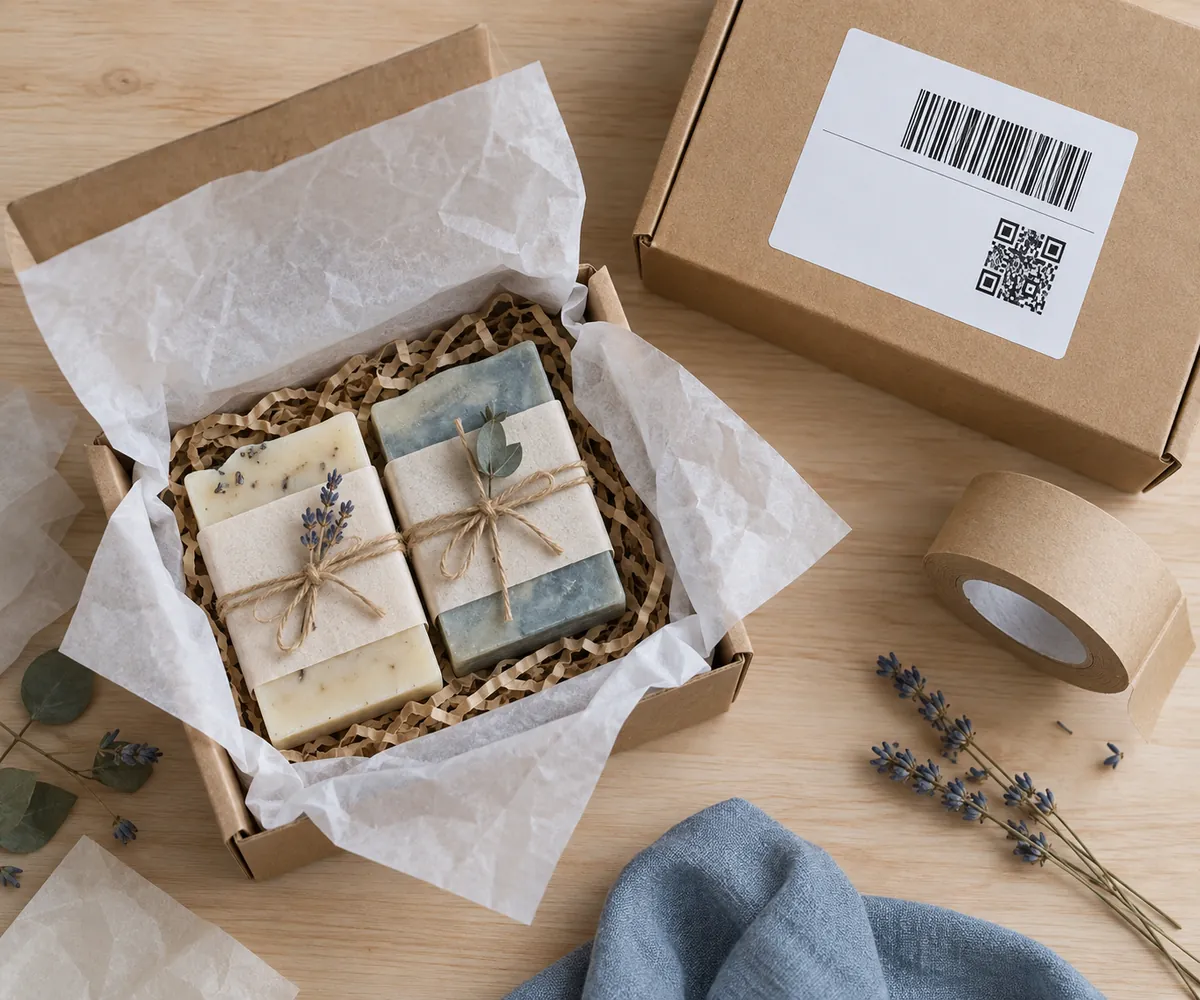 Pedido de una tienda online listo para enviar: jabones artesanos en una caja kraft y un paquete con etiqueta de envío