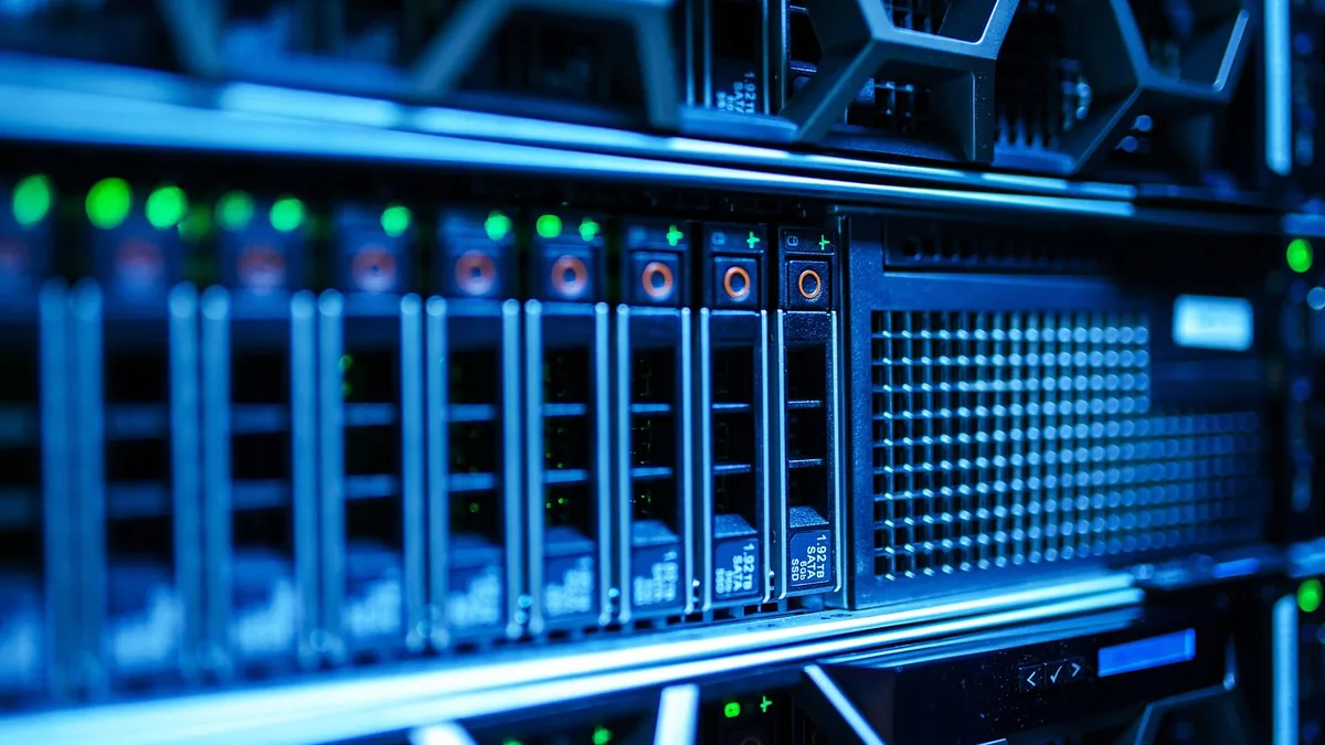 Rack de servidores con discos de almacenamiento y luces de estado verdes en un centro de datos