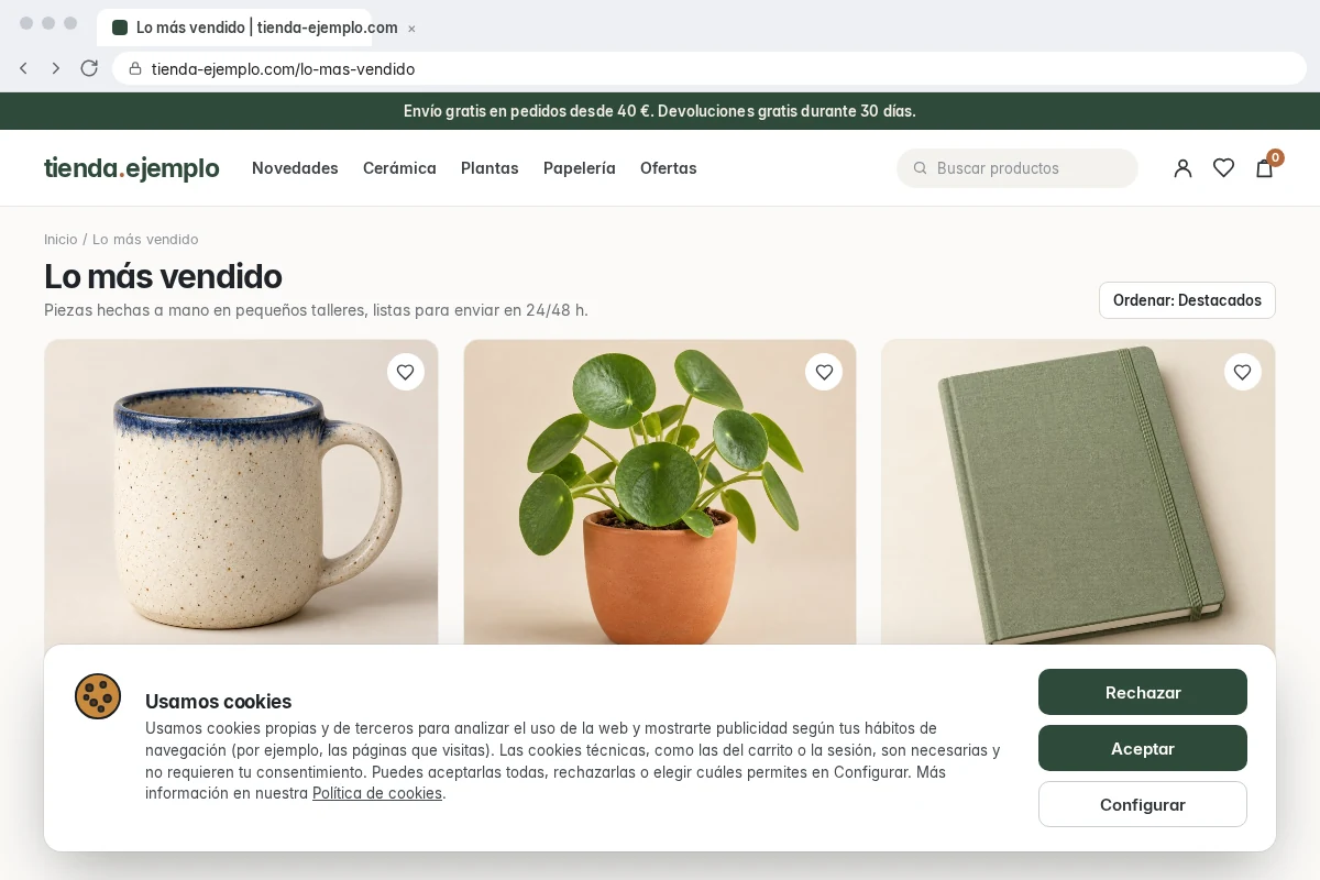 Aviso de cookies en una tienda online con los botones Rechazar y Aceptar del mismo tamaño y la opción Configurar